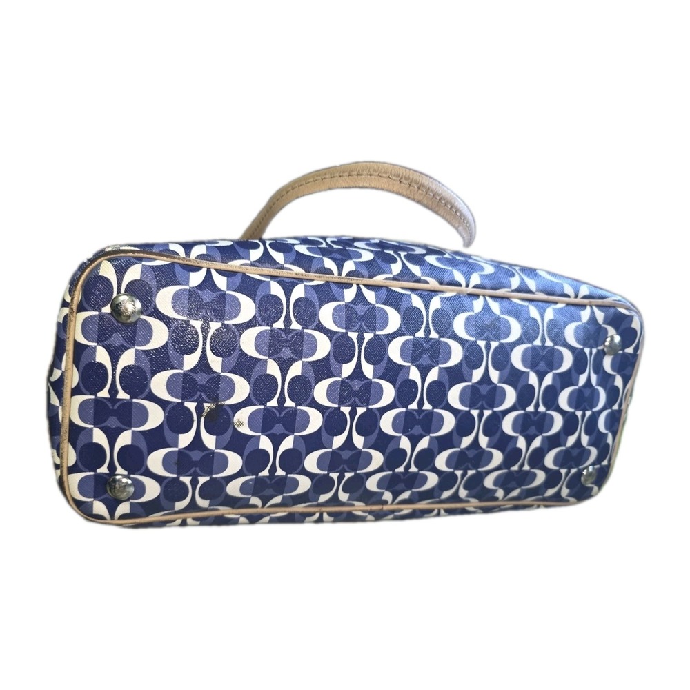 Coach Taylor Signature Tote Navy White Geometric C Logo Bag F25157 Tan Leather - Picture 3 of 10